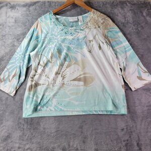 Alfred Dunner Petite Womens Top PL Aqua Beige Floral Lace Beaded Embellished